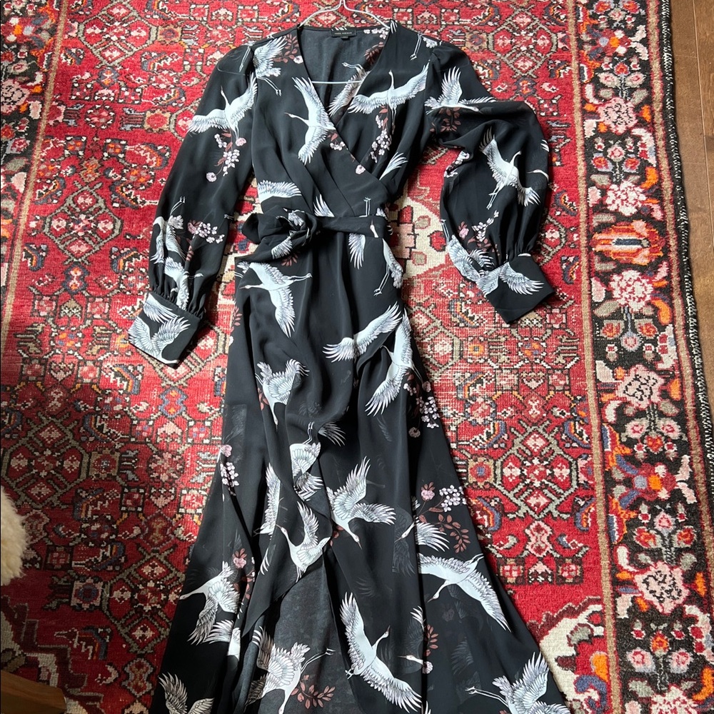 Miss Avenue Black Crane Print Wrap Dress with Pink Accents